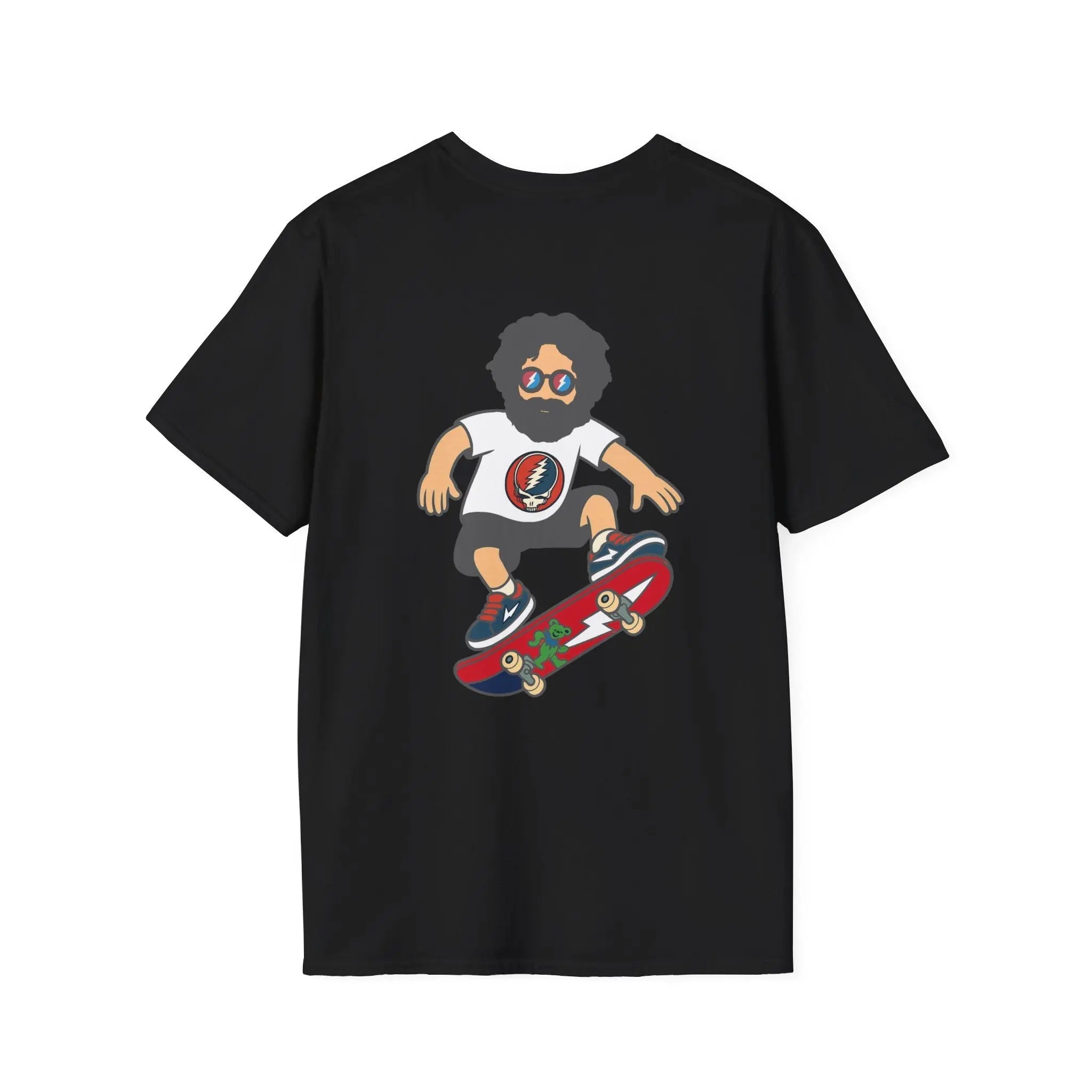 Black crewneck t-shirt with cartoon skater holding a red skateboard graphic