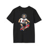 Black crewneck t-shirt with cartoon skater holding a red skateboard graphic