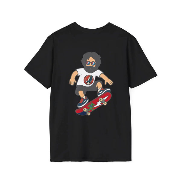 Black crewneck t-shirt with cartoon skater holding a red skateboard graphic