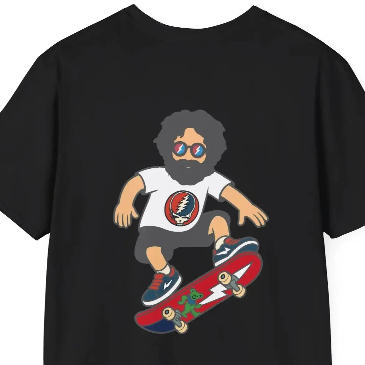 Black crewneck t-shirt with cartoon skater graphic and red skateboard print