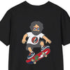 Black crewneck t-shirt with cartoon skater graphic and red skateboard print
