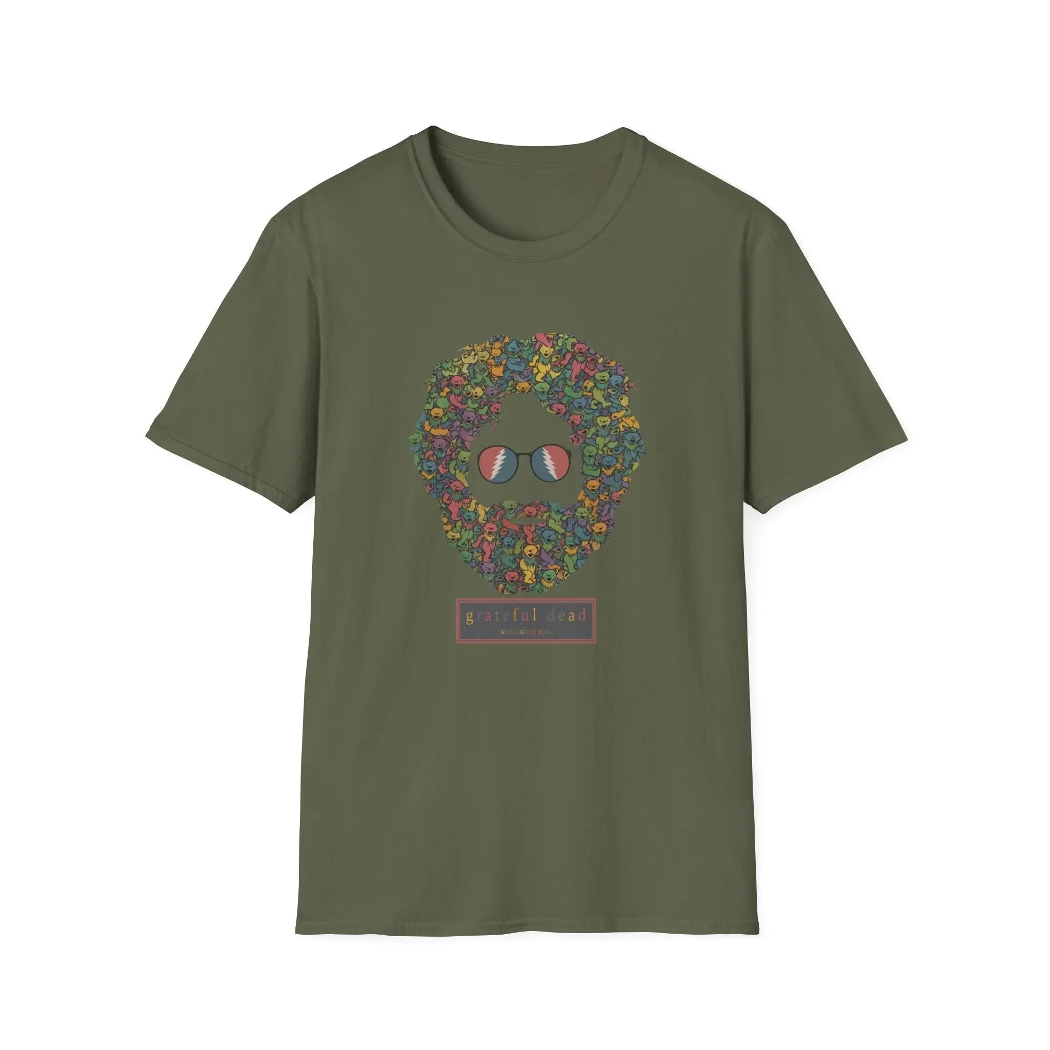 Olive green T-shirt with colorful dancing bears face graphic on the chest.