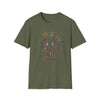 Olive green T-shirt with colorful dancing bears face graphic on the chest.