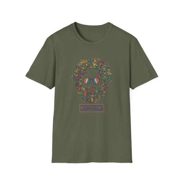 Olive green T-shirt with colorful dancing bears face graphic on the chest.