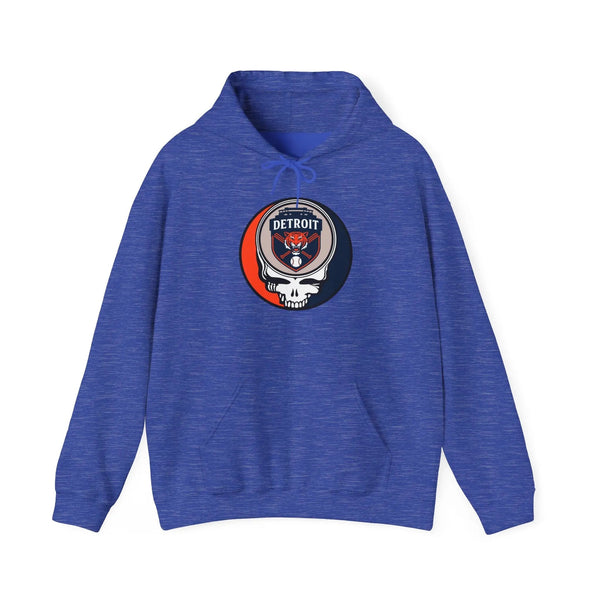 Royal blue heather pullover hoodie with front Detroit logo patch and kangaroo pocket