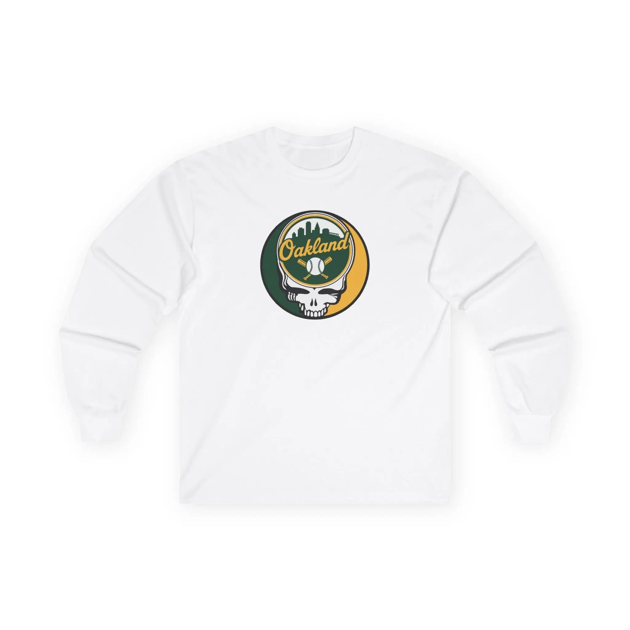 White long sleeve T-shirt with Oakland circular skull logo centered