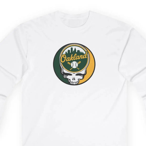 White long sleeve T-shirt with Oakland circular skull logo on chest
