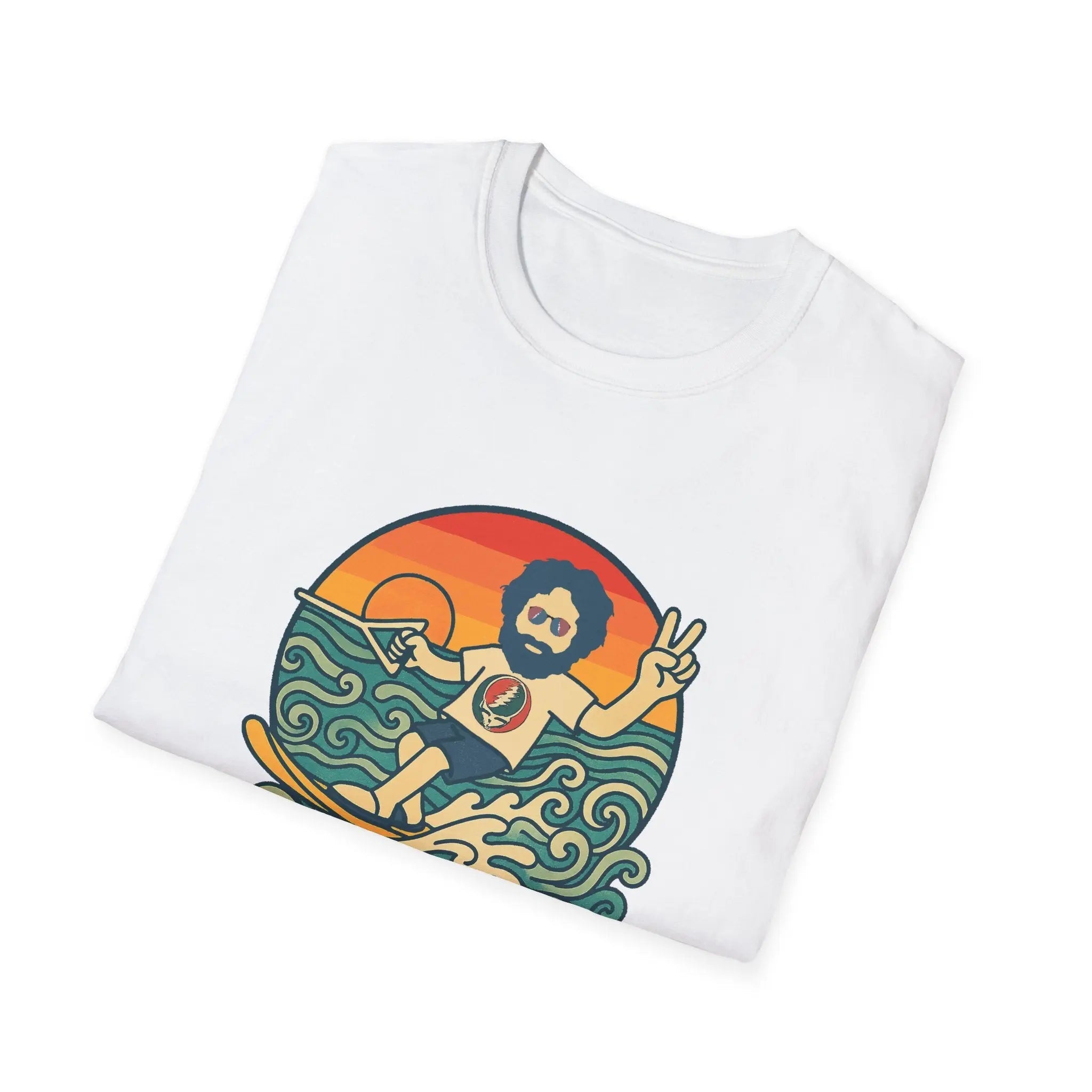 White T-shirt with front graphic of a bearded man in a circular orange scene