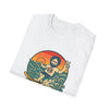 White T-shirt with front graphic of a bearded man in a circular orange scene
