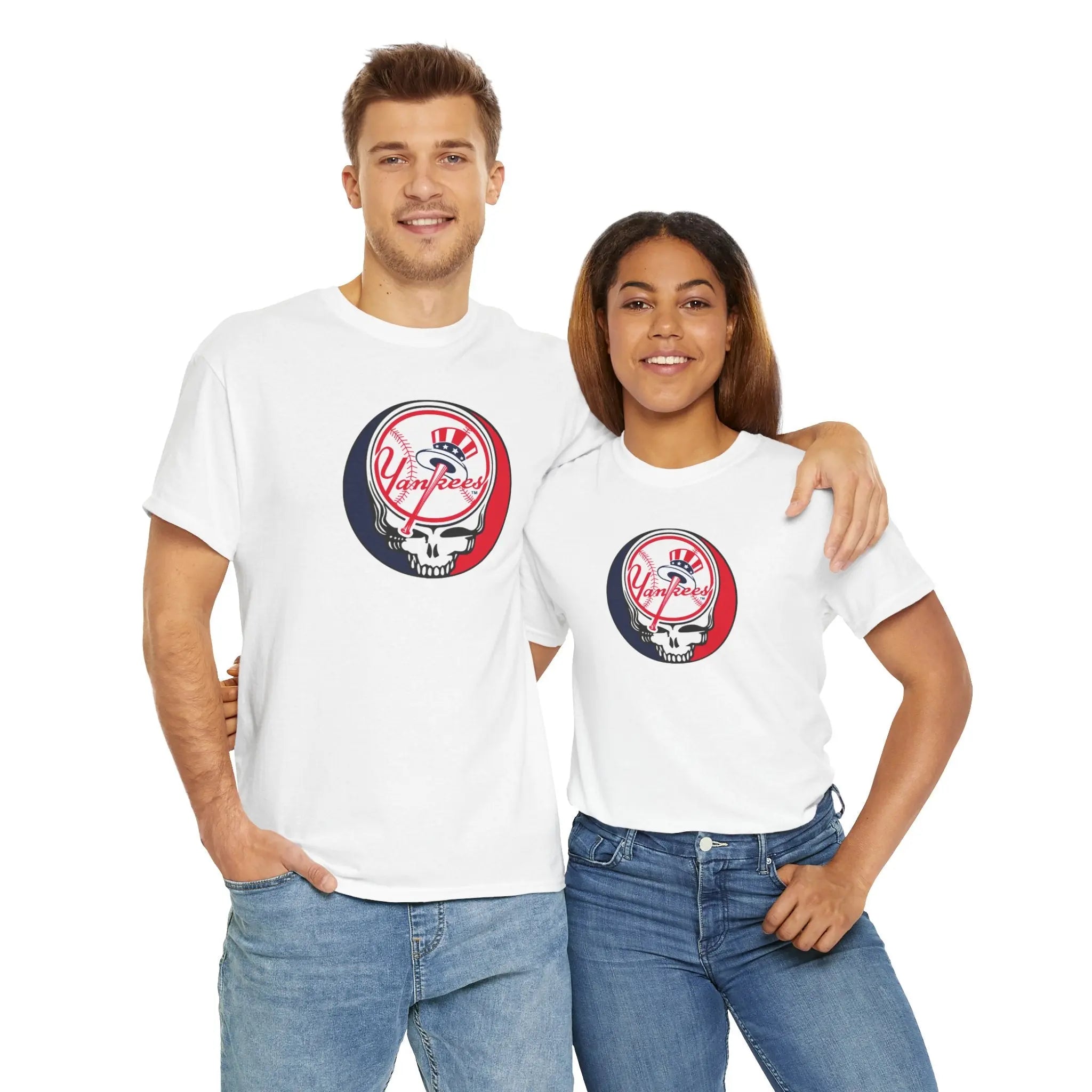 White T-shirt with Yankees Stealie skull logo graphic on chest