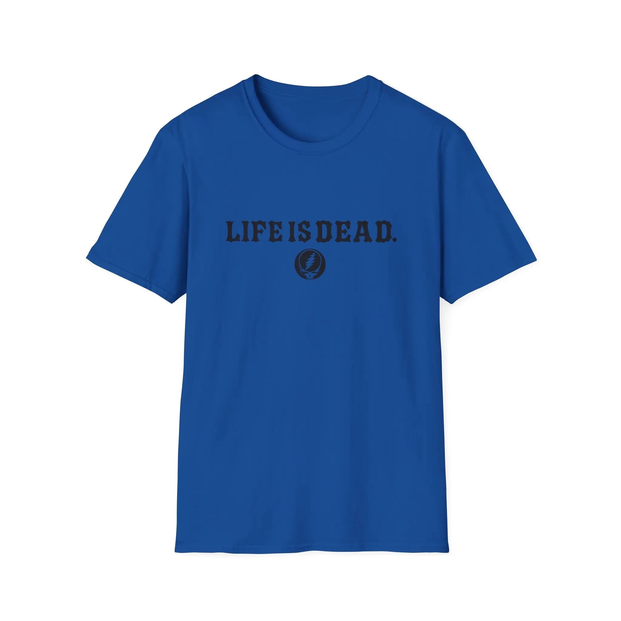 Blue crew-neck T-shirt with front 'Life is Dead' graphic and circular logo