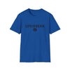 Blue crew-neck T-shirt with front 'Life is Dead' graphic and circular logo