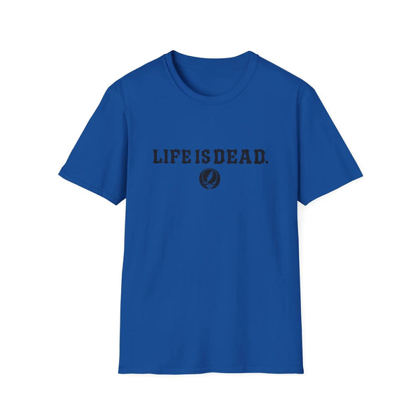 Blue crew-neck T-shirt with front 'Life is Dead' graphic and circular logo