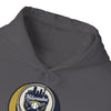 Charcoal gray hoodie close-up of drawstring hood and Milwaukee logo patch
