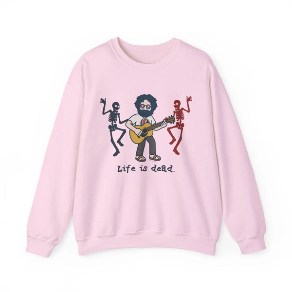 Light pink crewneck sweatshirt with front band graphic and text