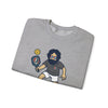 Heather gray crewneck sweatshirt laid flat, close view of cartoon character graphic