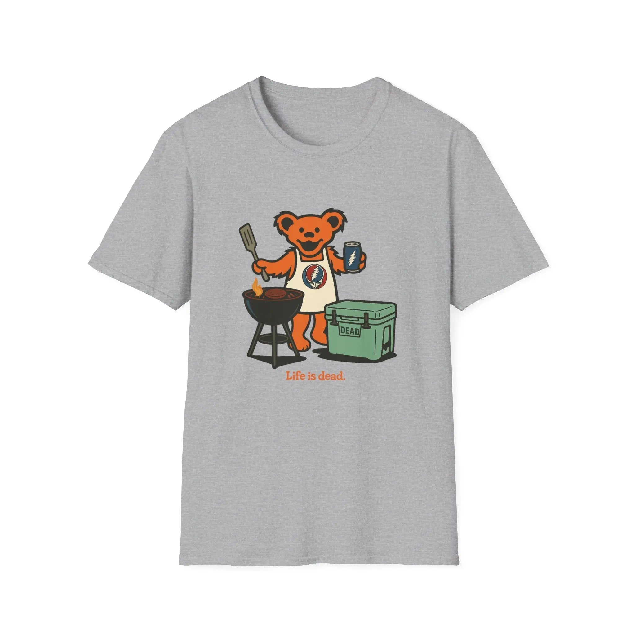 Heather gray T-shirt with cartoon bear grilling graphic and small text at bottom