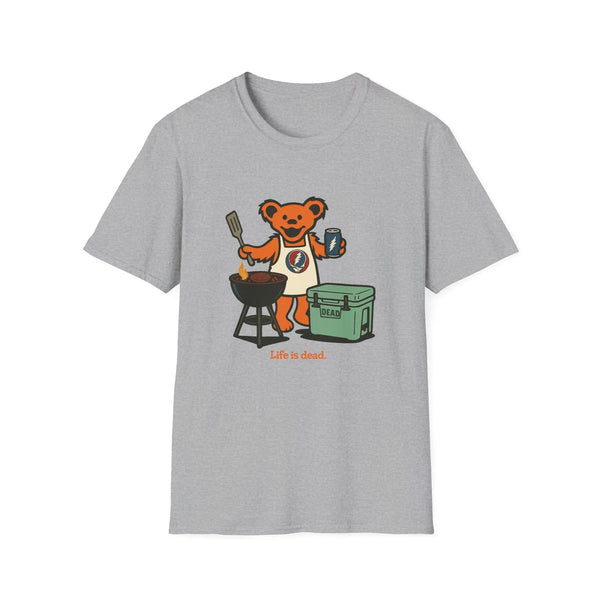 Heather gray T-shirt with cartoon bear grilling graphic and small text at bottom