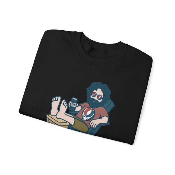 Black crewneck sweatshirt flat lay with cartoon drinker graphic