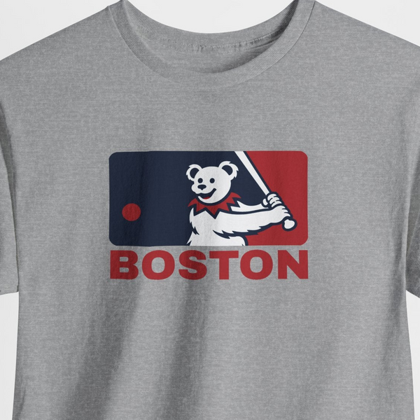 Charcoal short-sleeve t-shirt with Boston bear mascot and “BOSTON” graphic on chest