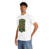White T-shirt with green Oakland A's graphic, side view on model