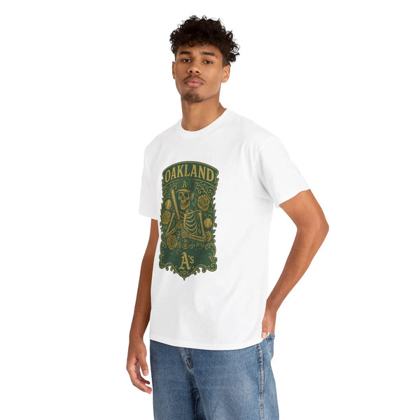 White T-shirt with green Oakland A's graphic, side view on model