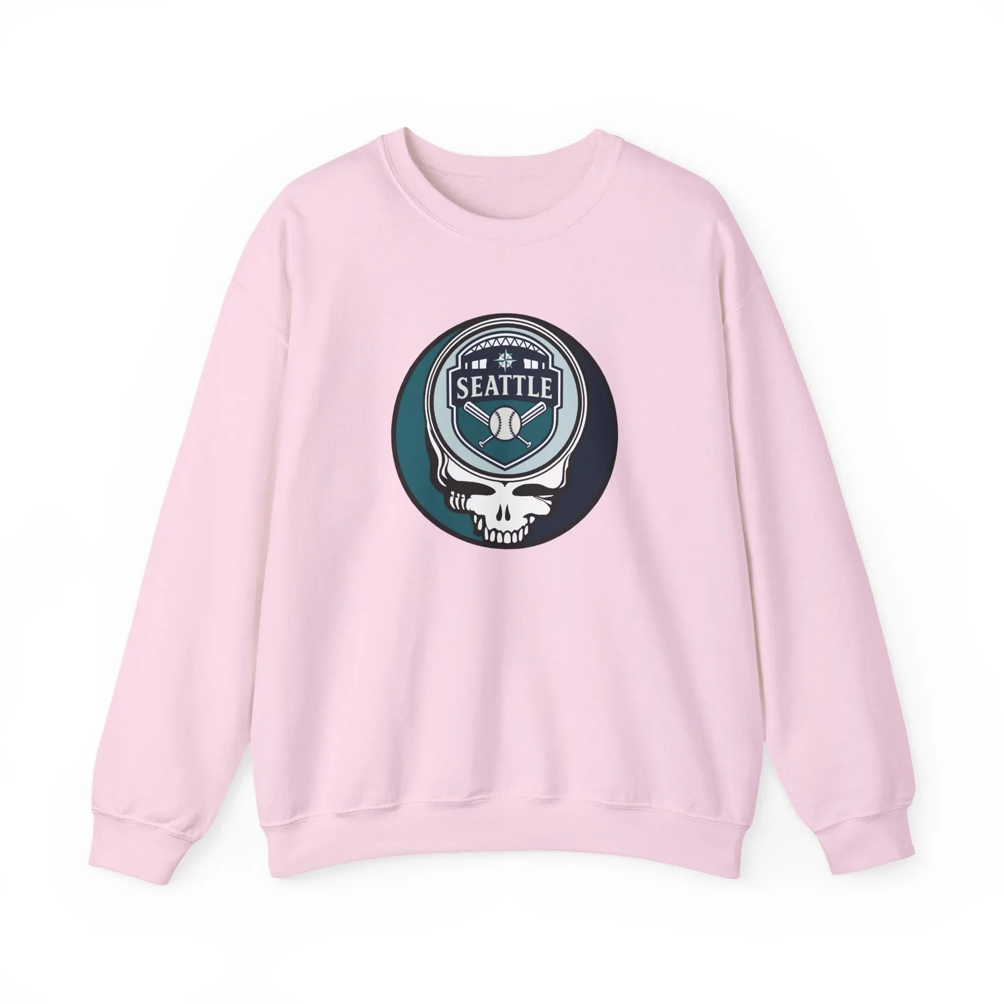 Light pink crewneck sweatshirt with Seattle Mariners crest skull graphic at chest
