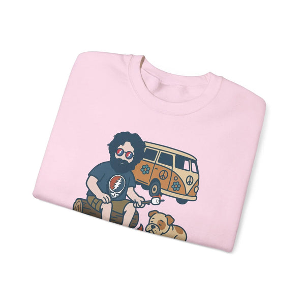 Unisex light pink camping sweatshirt with crewneck and camper character graphic front