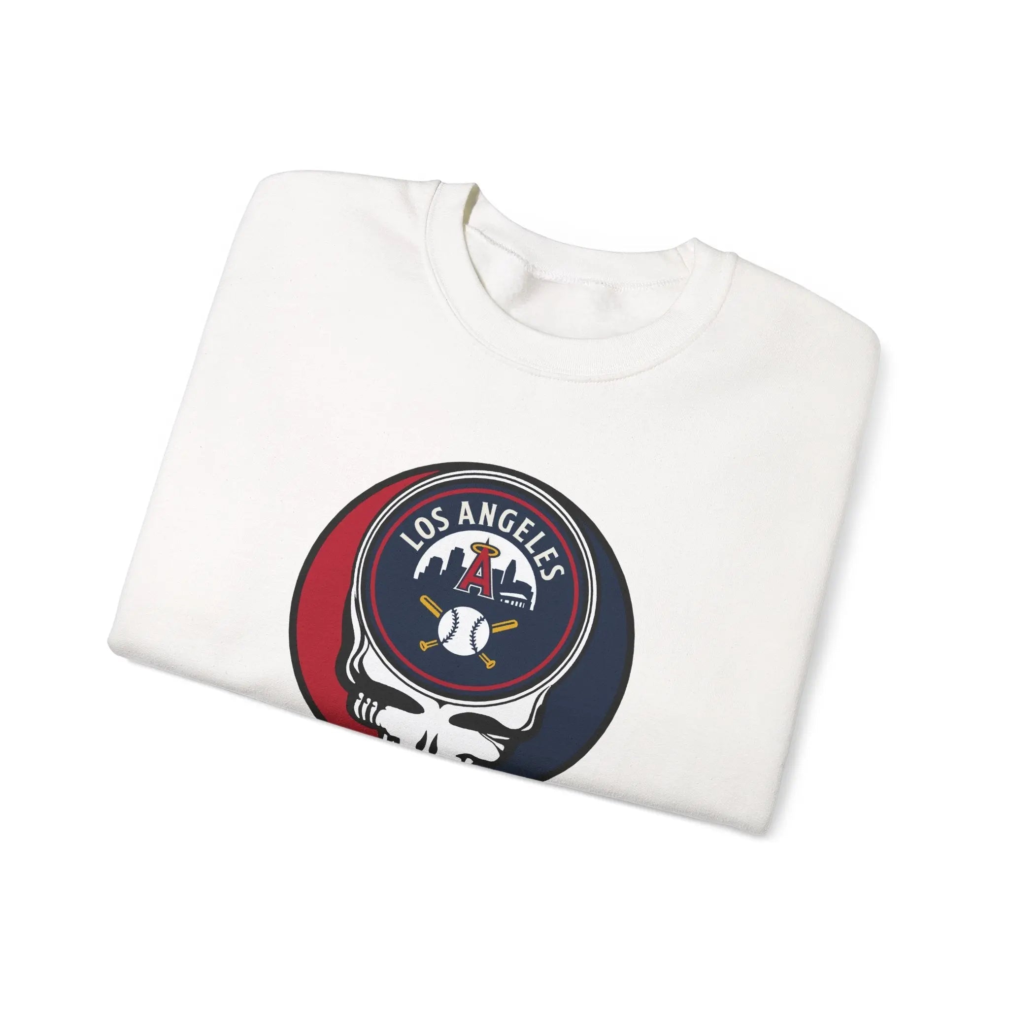 White crewneck sweatshirt with Stealie logo chest print and crew neckline