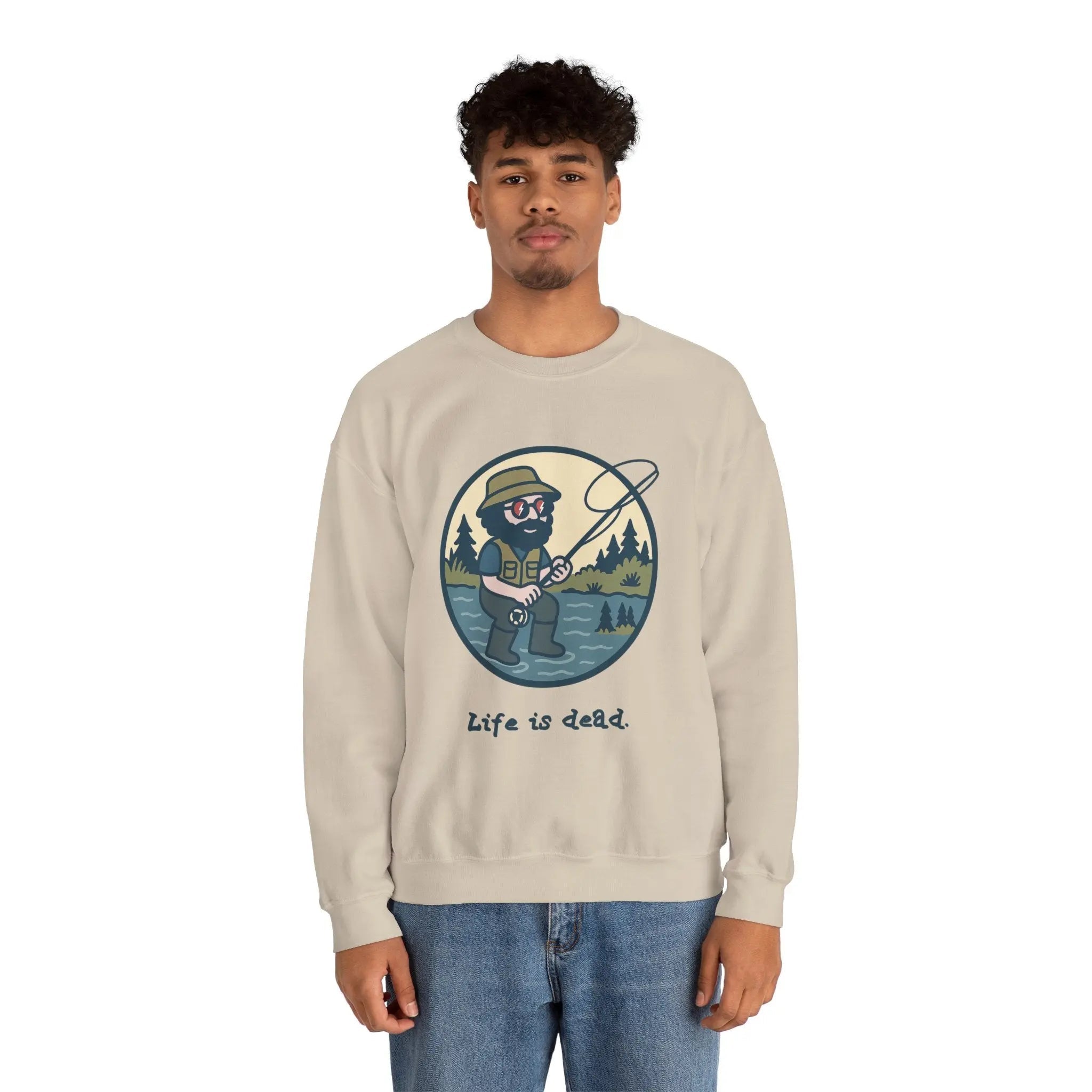 Light beige crewneck sweatshirt with fishing graphic and 'Life is dead.'