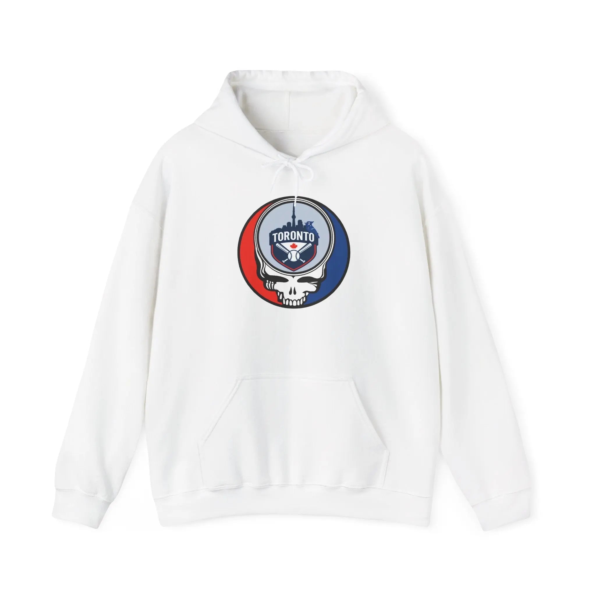 White Toronto Blue Jays pullover hoodie with hood, drawstring, and front logo