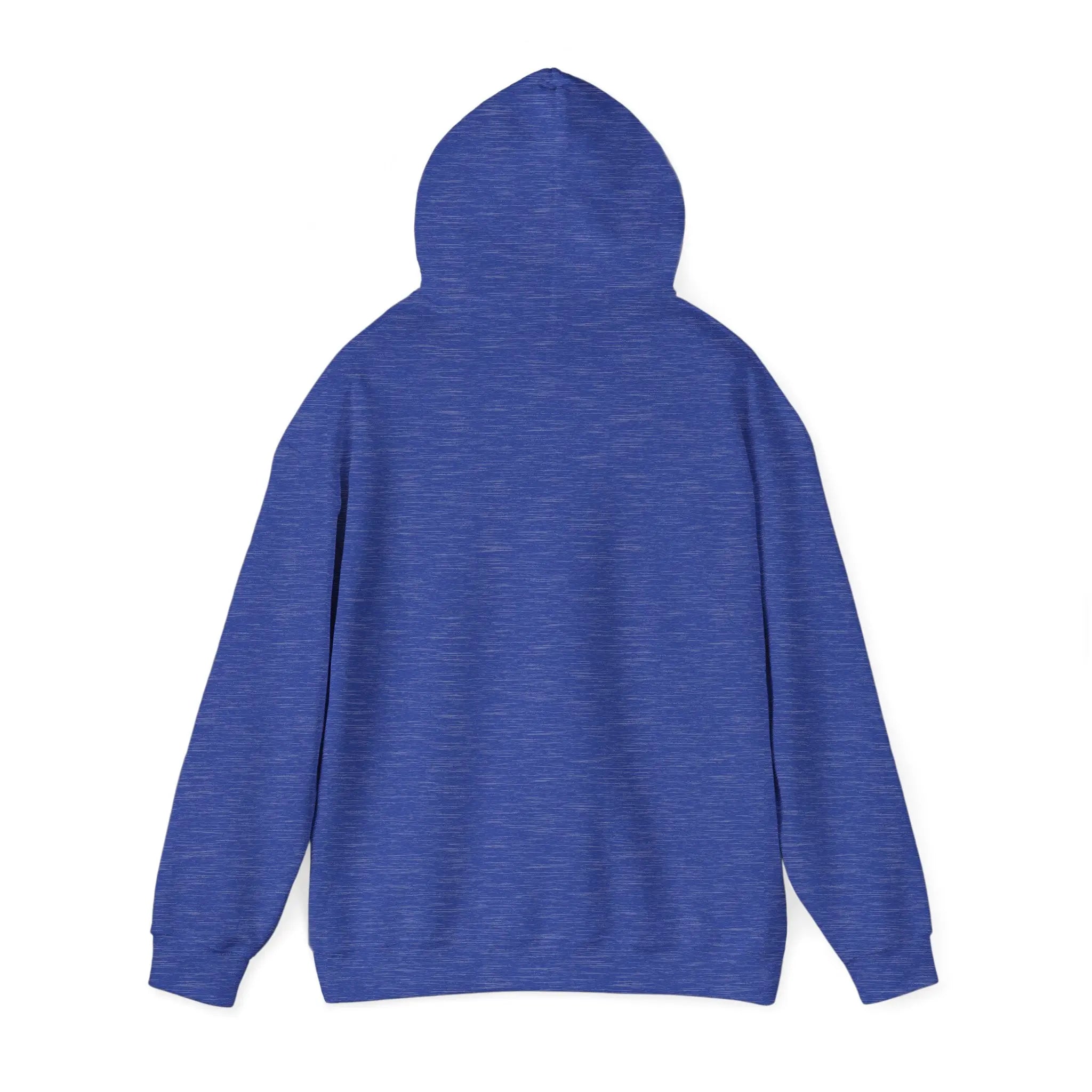 Heather blue bear hoodie, back view with drawstring hood
