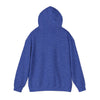 Heather blue bear hoodie, back view with drawstring hood