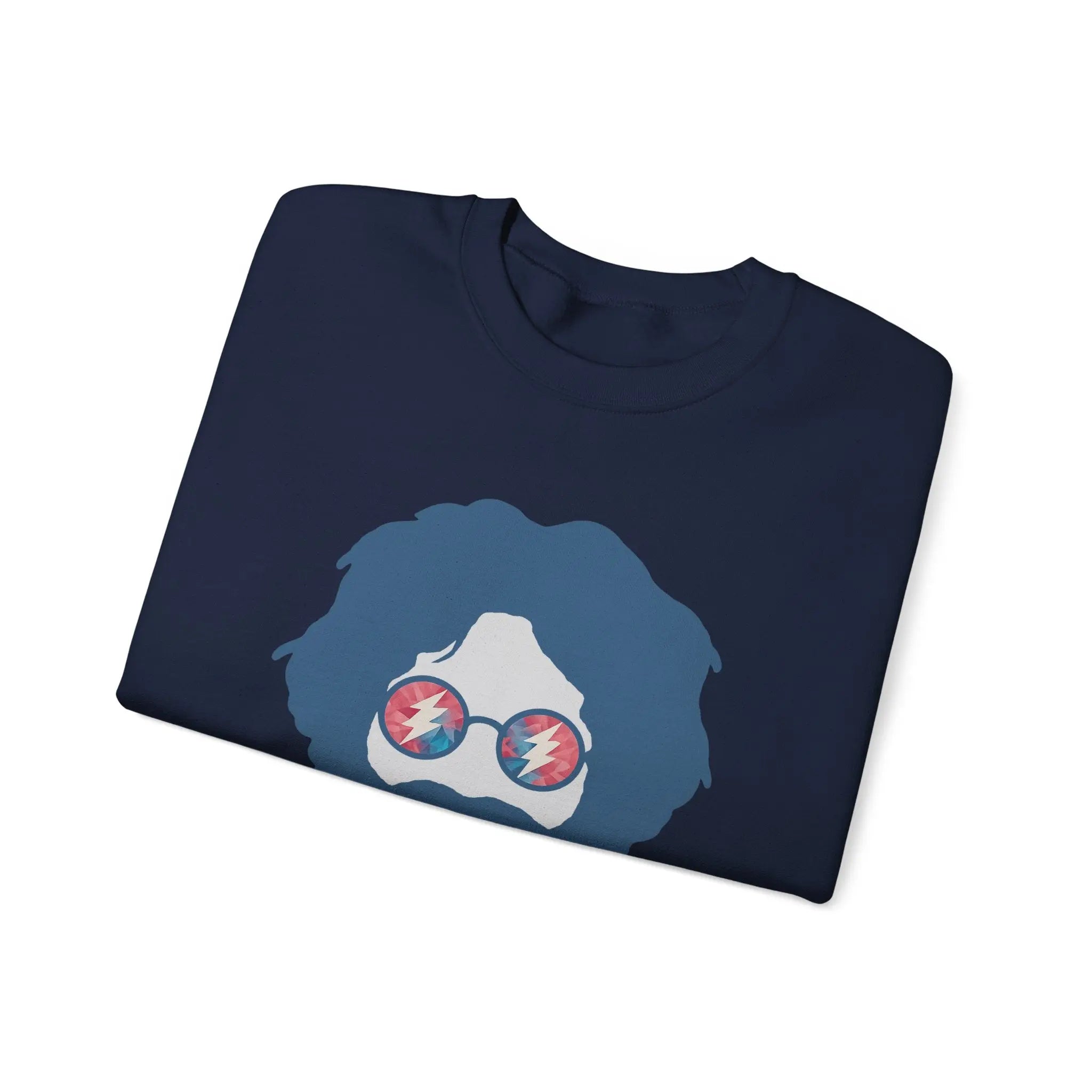 Navy crewneck sweatshirt, folded view, with circular face graphic on front.