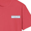 Red T-shirt chest label patch reading grateful dead, established 1965