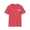 Red graphic T-shirt with small chest label patch, no front portrait