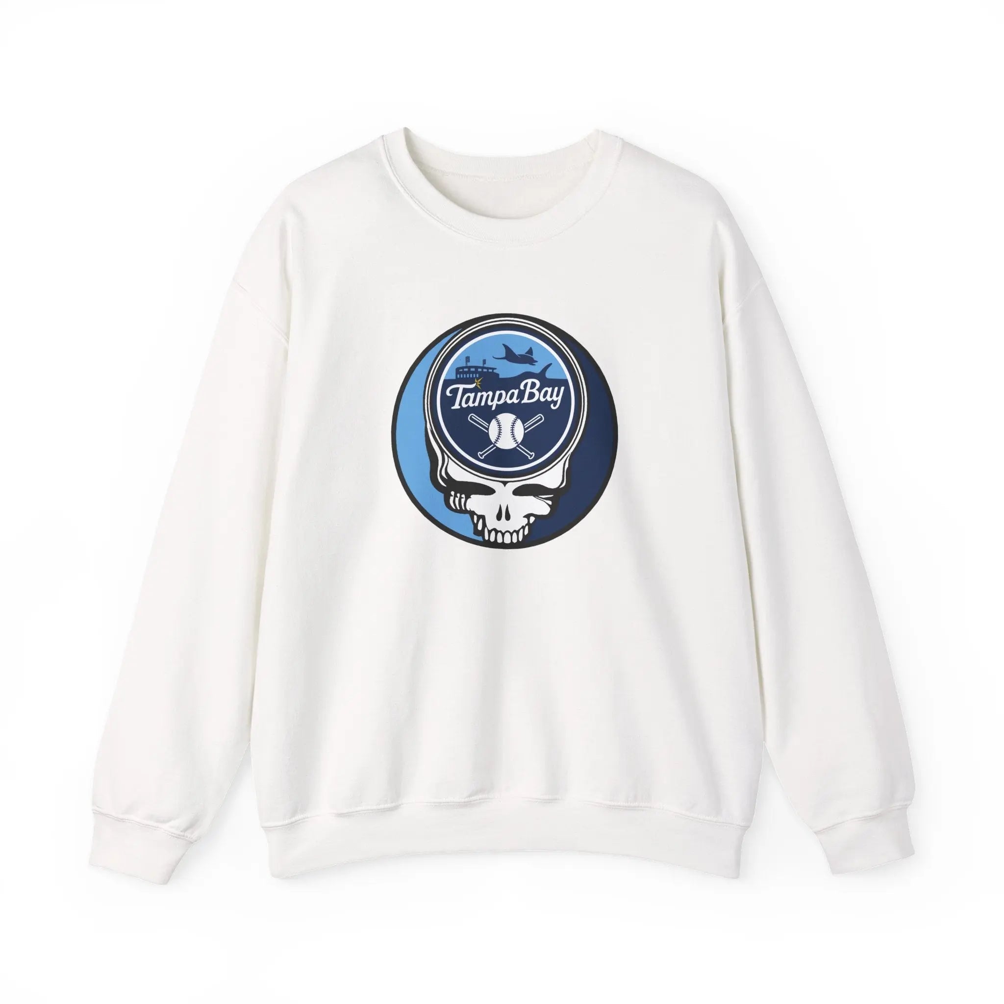 White crewneck sweatshirt with circular Tampa Bay Rays Stealie logo on chest