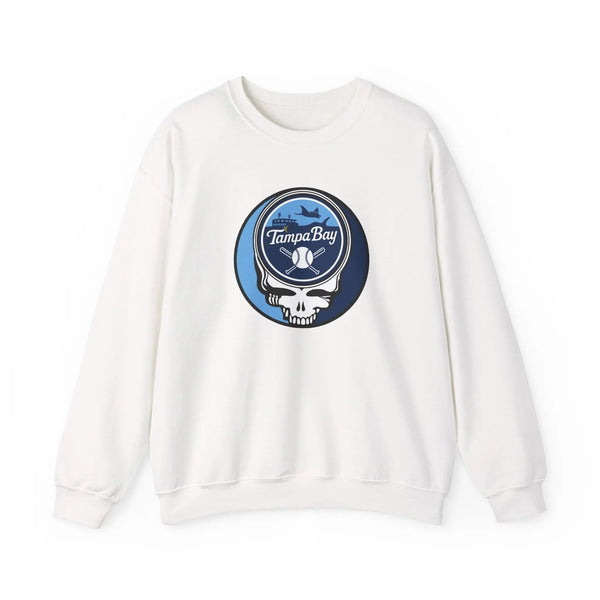 White crewneck sweatshirt with circular Tampa Bay Rays Stealie logo on chest