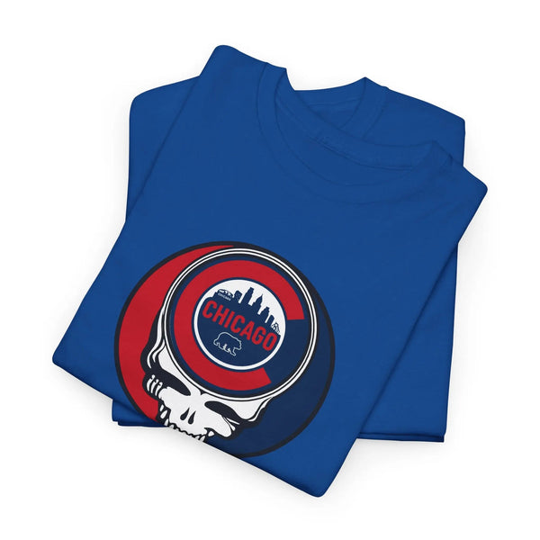Royal blue Stealie skull graphic T-shirt, folded pair with circular Chicago logo