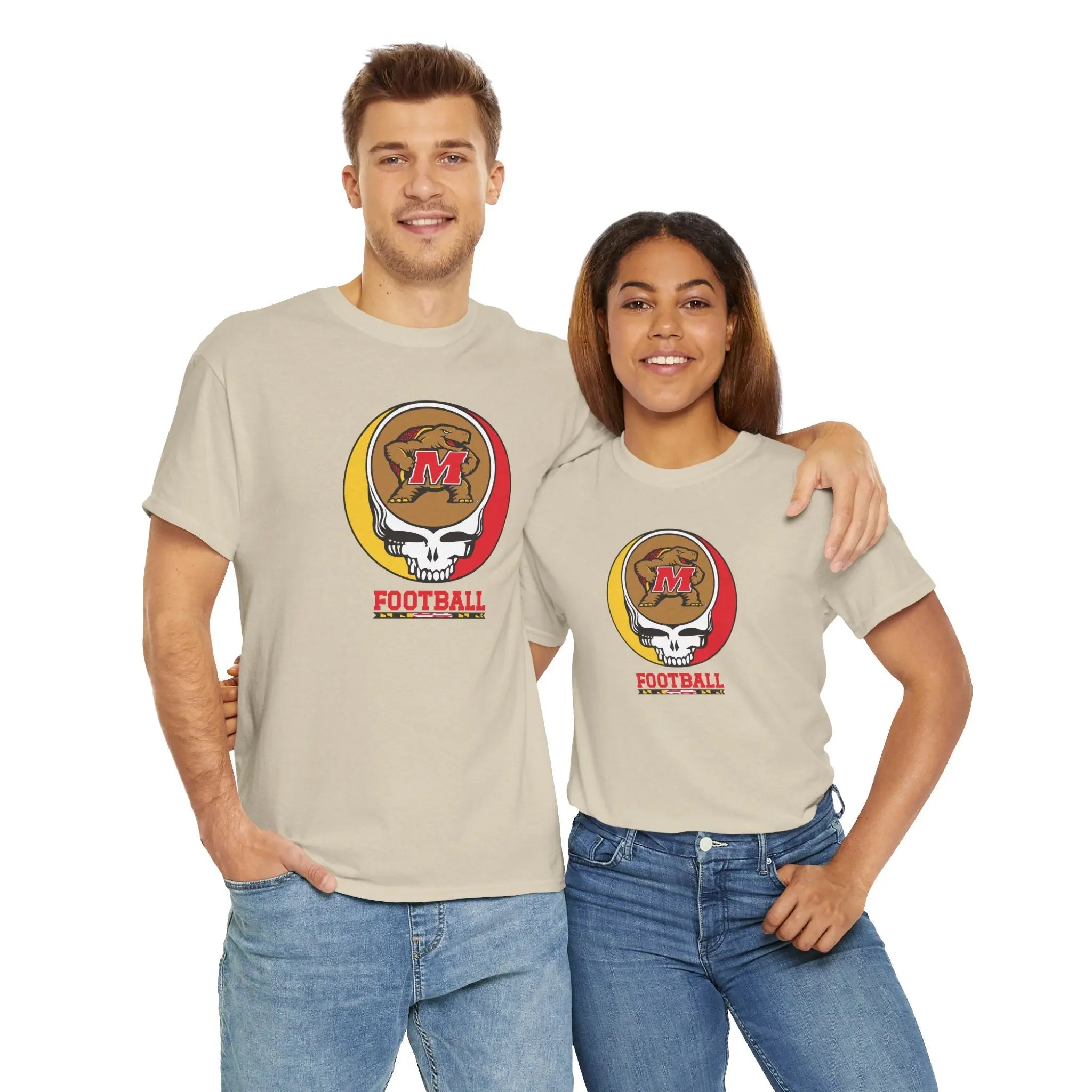 Sand football t-shirt with circular M helmet logo graphic and 'FOOTBALL' text