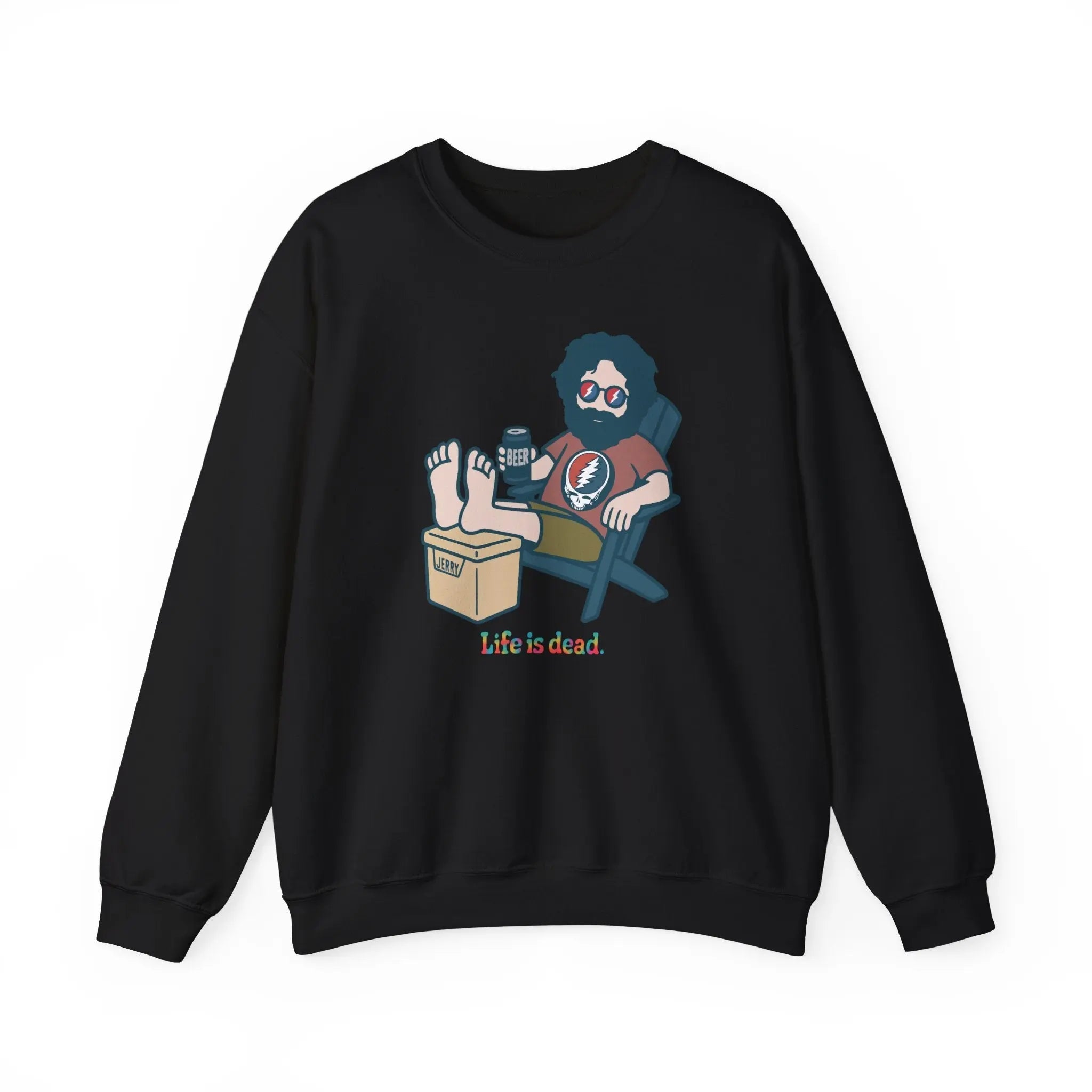 Black crewneck sweatshirt with cartoon drinker graphic on front