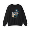 Black crewneck sweatshirt with cartoon drinker graphic on front