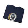 Navy crewneck sweatshirt with large round Milwaukee skull logo graphic