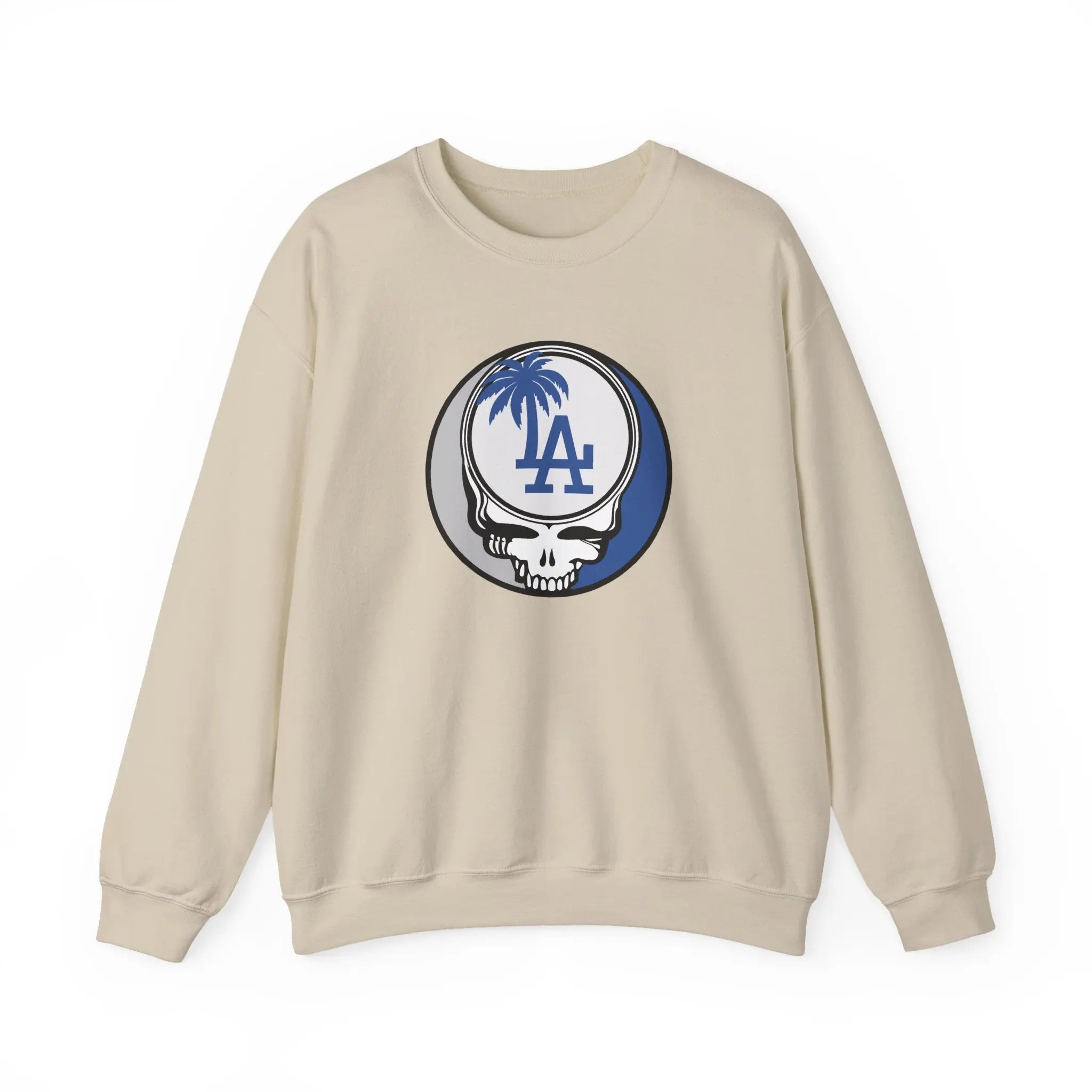 Cream crewneck sweatshirt with Dodgers Stealie circular skull logo on chest