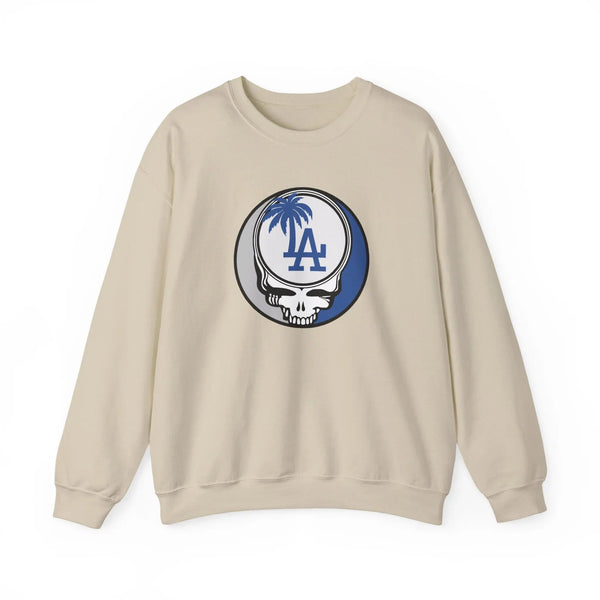 Cream crewneck sweatshirt with Dodgers Stealie circular skull logo on chest