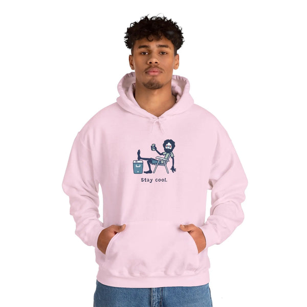 Light pink pullover hoodie with kangaroo pocket and Stay cool chest graphic