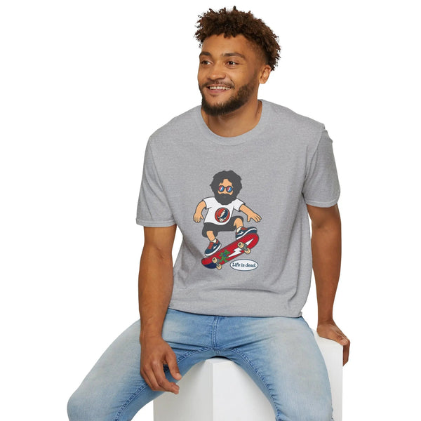 Heather gray crewneck T-shirt with cartoon skateboarding graphic on chest.