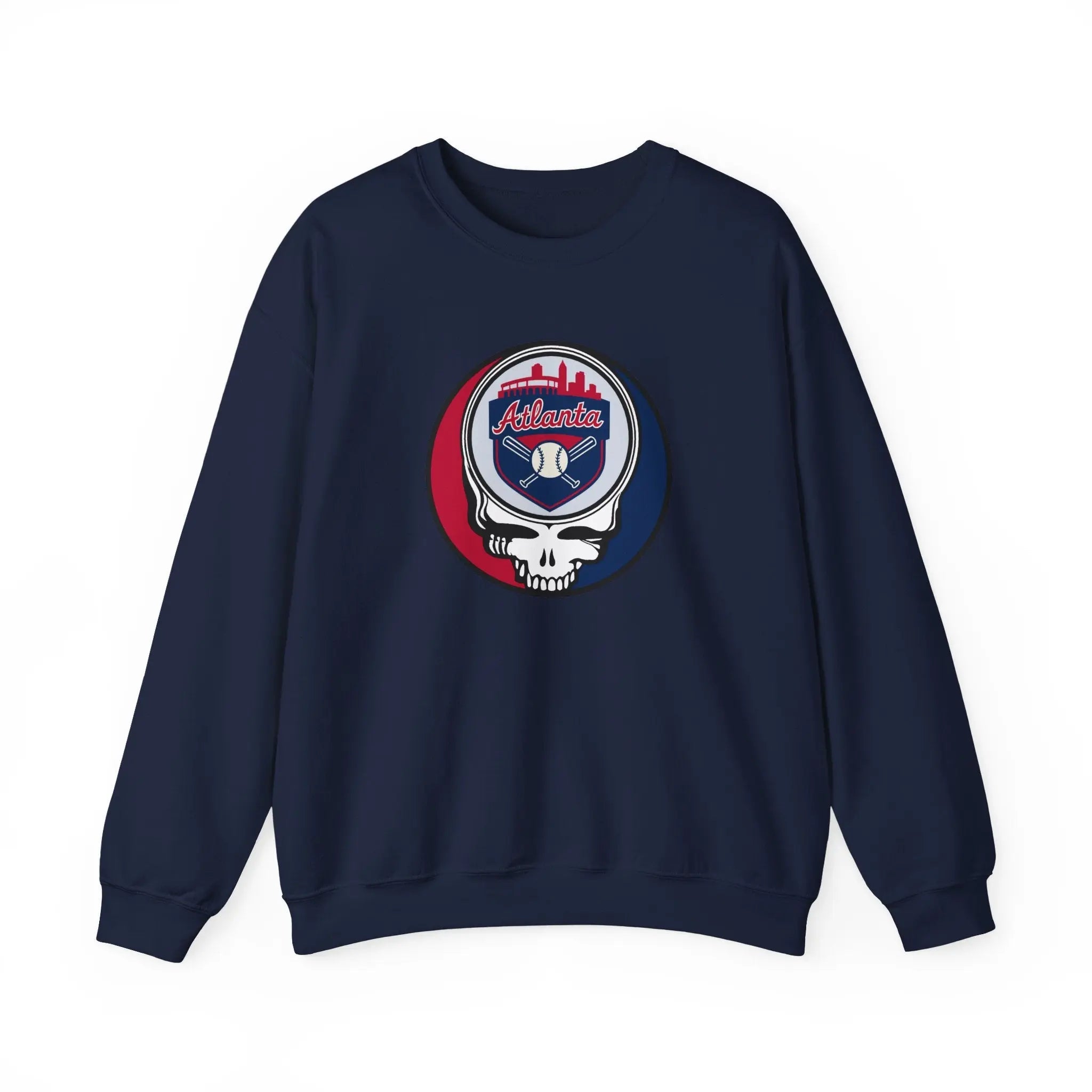 Navy crewneck sweatshirt with circular Atlanta logo skull graphic