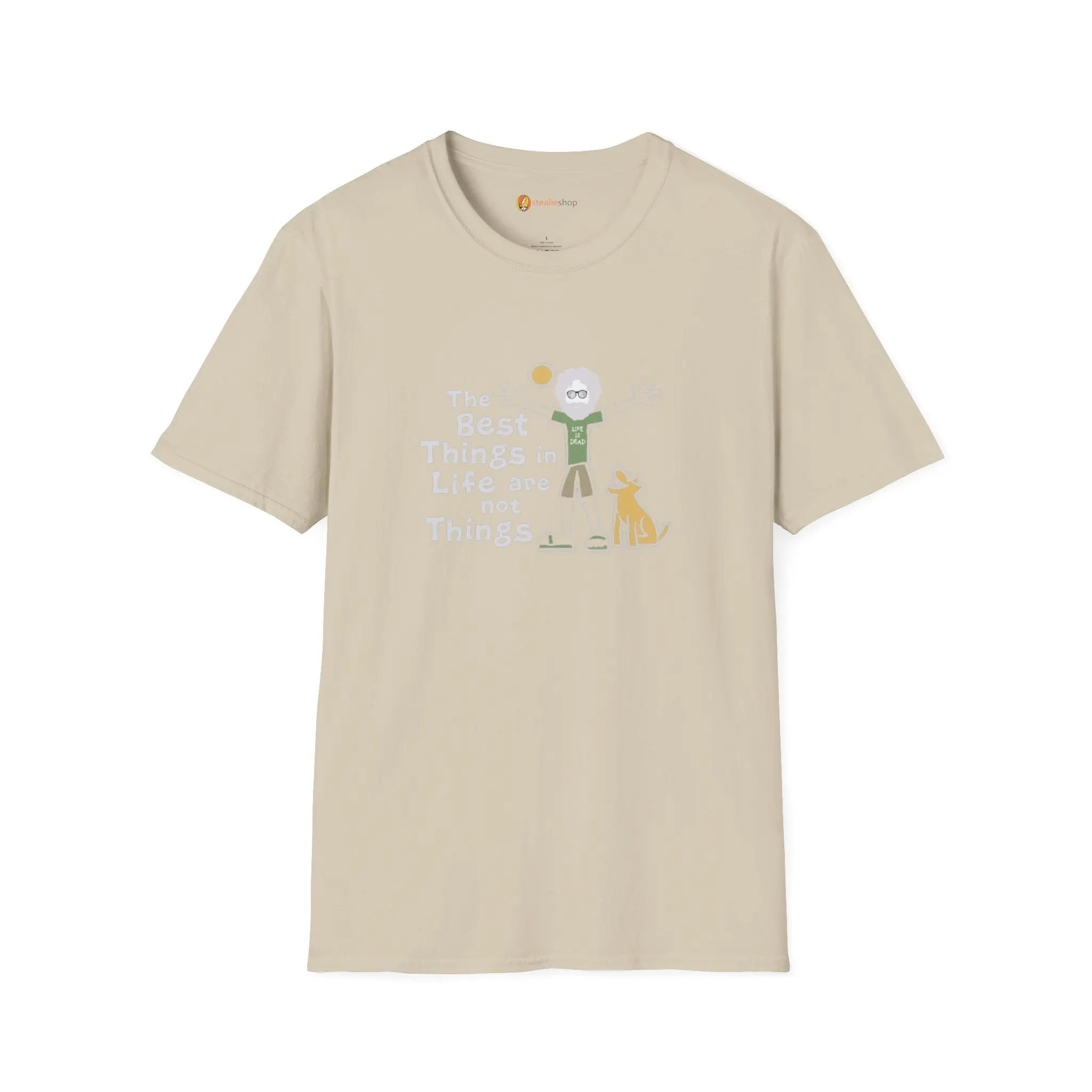 Sand graphic T-shirt with crew neck and short sleeves, front slogan and animal art