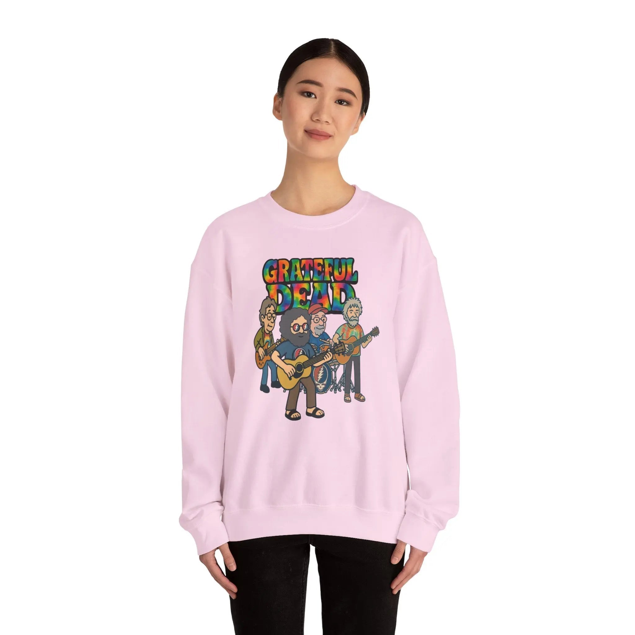 Light pink crewneck sweatshirt with Grateful Dead band graphic on the chest